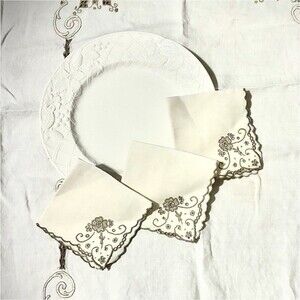 Vintage Linen Tablecloth 64x52 + 3 Embroidered Napkins  Scrollwork Cottagecore